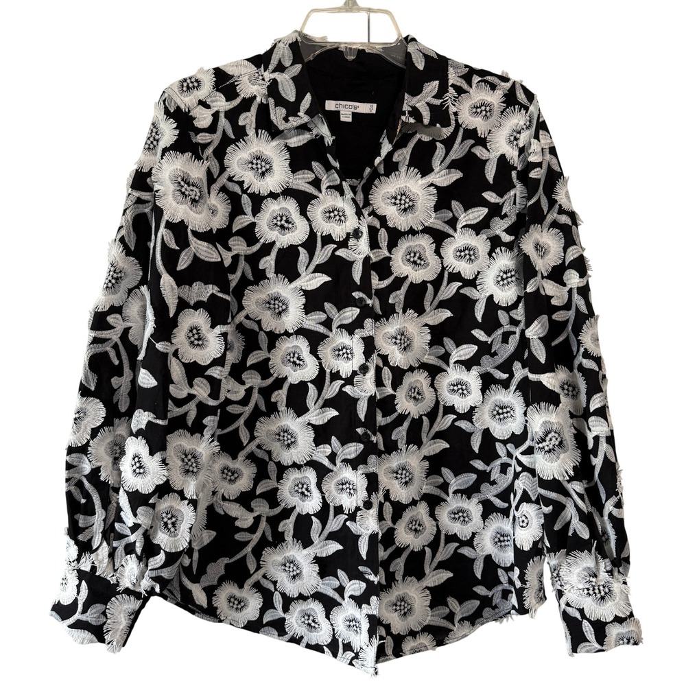 Chico's Black White Embroidered Floral Blouse Textured Button Front Top Sz  10